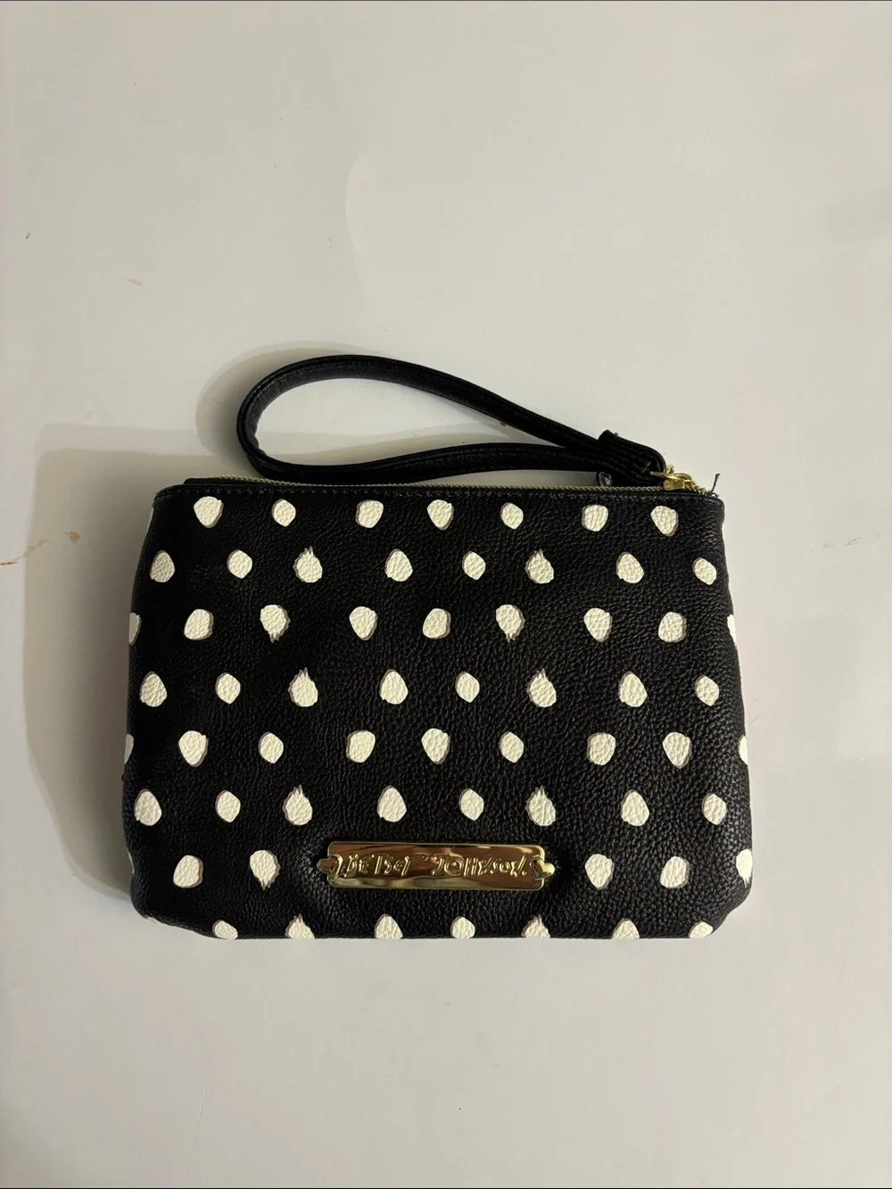 Betsey Johnson Black and White Polka Dot Wristlet with Red Sequined Bow NWOT